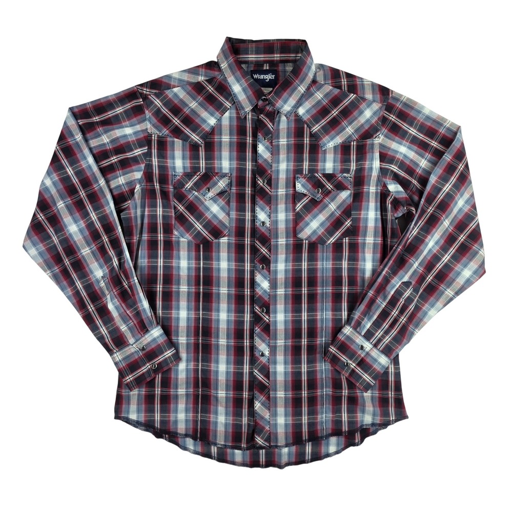 Wrangler Mens Western Snap Shirt Red White Blue Plaid Long Sleeve MVG078M Large